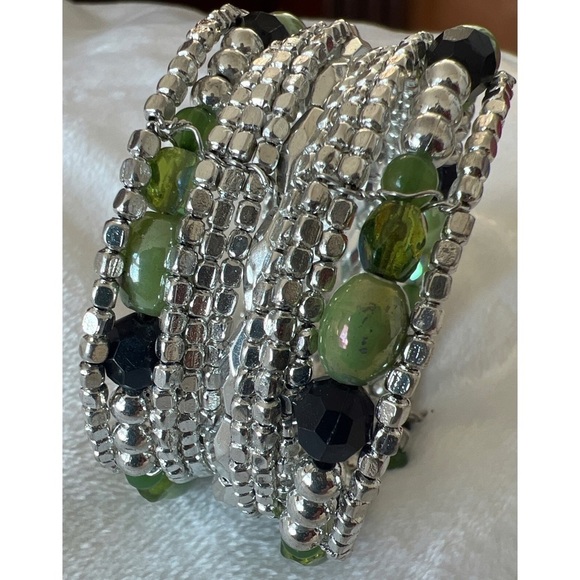 BEADED BOHO SILVER TONE CUFF BRACELET - Picture 2 of 8